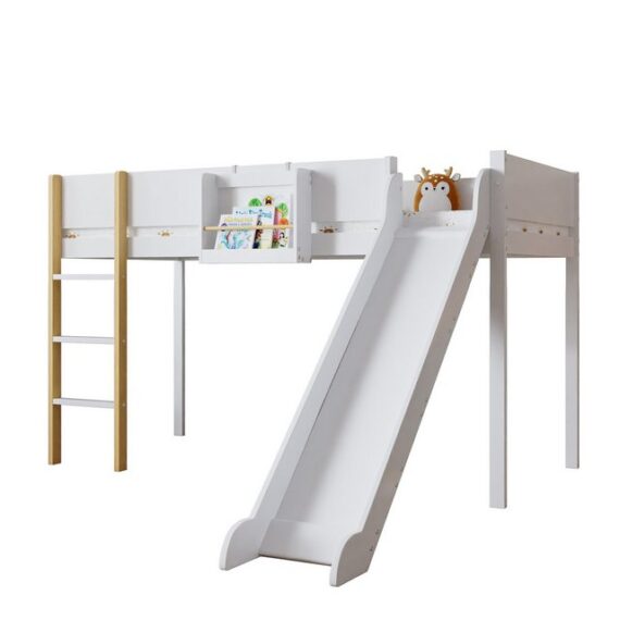 TavilaEcon Hochbett Kinderbett Jugendbett mit Rutsche und dreistufiger gerader Leiter mit abnehmbarem Regal, Kiefer+MDF, Weiß+Natur, 90x200cm