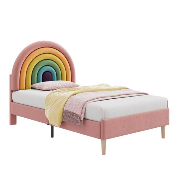 Ulife Kinderbett Polsterbett Jugendbett mit höhenverstellbarem Kopfteil Regenbogen-Samt, Holzlattenunterstützung,90 cm x 200 cm