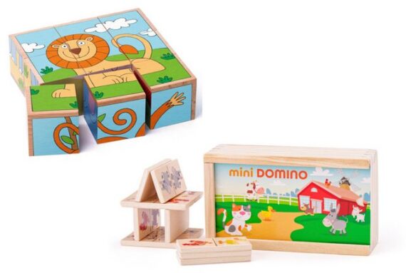 Woodyland Lernspielzeug 2 Spiele im Set - Mini Domino + Würfelpuzzle mit 6 Motiven, Spielset Domino und Würfelpuzzle