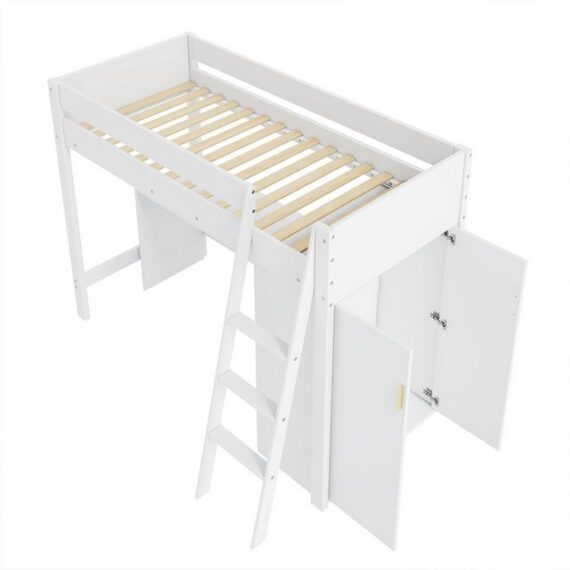 XDeer Kinderbett Hausbett mit Leiter Schreibtisch und Kleiderschrank Hochbett, Kinderbett Einzelbett Frei Kombinierbar Massivholz 90*200cm