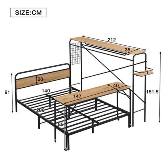 XDeer Metallbett Metallbett, Flachbetten + Tisch + Vertikaler Garderobenständer, Tisch mit Rädern, Kompletter Satz Schlafzimmermöbel