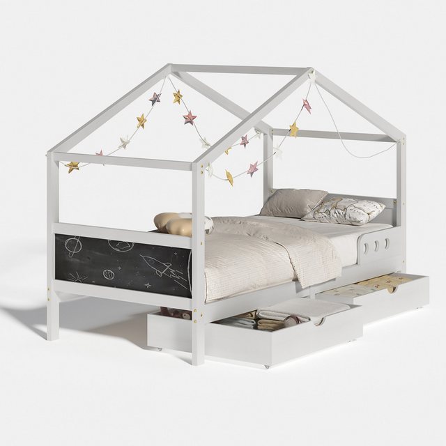 AUKWIK Kinderbett 90x200cm Komplettbett Kinderbetten, Zwei Optionen (Einzelbett, Oberseite aus Hausform, Kommode/Stauraum, Kreidetafel, Massivholzrahmen), Kinderzimmer/Jugendzimmer /Schlafzimmer/Gästezimmer