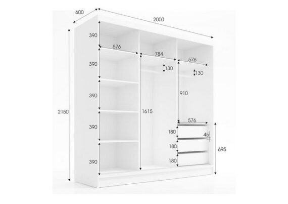 A&J MöbelLand GmbH Schwebetürenschrank NERO 2 200 cm mit Spiegel drei Schubladen