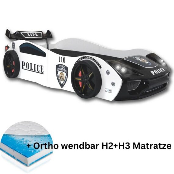 Aileenstore Autobett Police (inkl. Lattenrost LED Licht Matratze und Heckspoiler), Kinderbett 90 x 200 cm, Spielbett als Polizeiauto Rennwagenbett