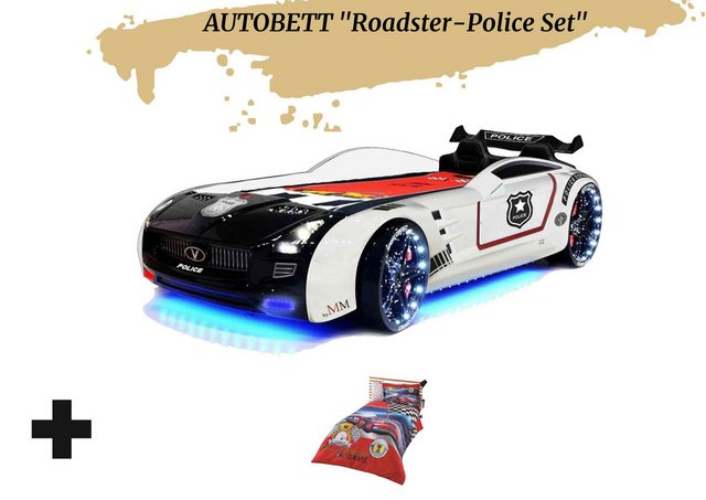 Aileenstore Autobett Rio (inkl. Bettwäsche, Sportsitze, Lattenrost, LED und Sound), Police Kinderbett, Spielbett mit LED, Sound, Fernbedienung