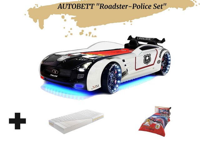 Aileenstore Autobett Rio (inkl. Matratze, Bettwäsche, Sportsitze, Lattenrost, LED und Sound), Police Kinderbett, Spielbett mit LED, Sound, Fernbedienung