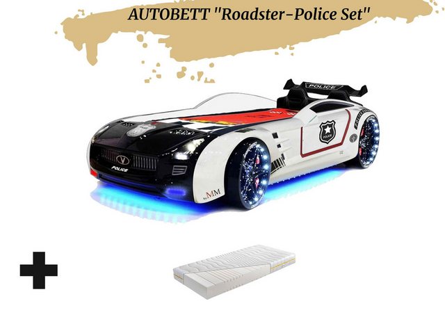 Aileenstore Autobett Rio (inkl. Matratze, Sportsitze, Lattenrost, Heckspoiler, LED und Sound), Police Kinderbett, Spielbett mit LED, Sound, Fernbedienung