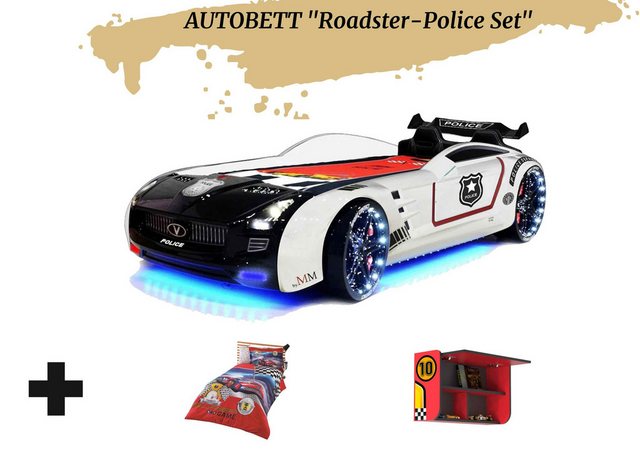 Aileenstore Autobett Rio (inkl. Wandregal, Bettwäsche, Sportsitze, Lattenrost, LED und Sound), Police Kinderbett, Spielbett mit LED, Sound, Fernbedienung