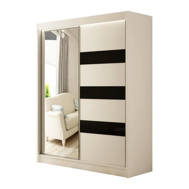 Beautysofa Kleiderschrank Lotus (modernes Design, 120 / 150 / 200 cm, 2x Schiebtüren, Kleiderstange, Regal) Garderobenschrank mit Spiegel und Möbelglasstreifen