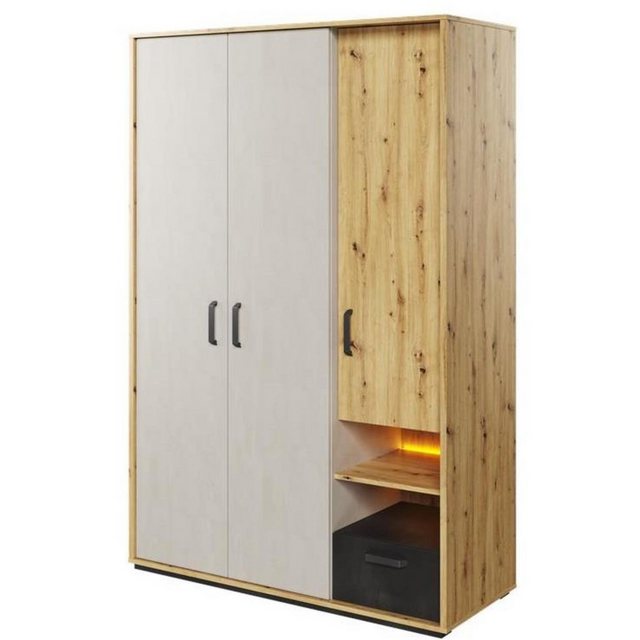 Beautysofa Kleiderschrank Qubic (Schrank, Garderobe, loft / modern Stil, LED-Beleuchtung) 3 Drehtüren, Schublade, 3 Regale, Kleiderstange