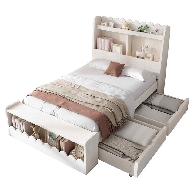 BlingBin Einzelbett Kinderbett (1-tlg., Stauraumbett mit Schubladen, Regal und Sitzbank), Bettgestell und Lattenrost aus Holz, 90×190 cm