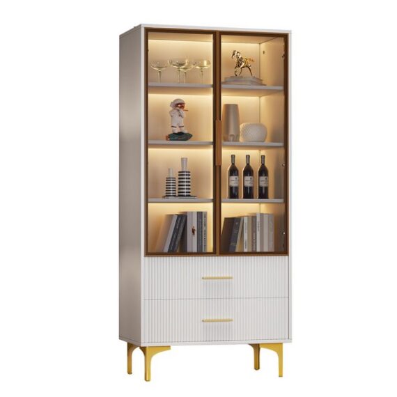 BlingBin Vitrine Standvitrinen, Wohnzimmer-Highboards, Sideboards (1er Set, 1-St., Tealfarbene Glastüren, goldene Beine, bewegliche Einlegeböden) weiße Glasvitrine mit zwei Türen - 70*35*150cm Vitrine mit LED-Licht