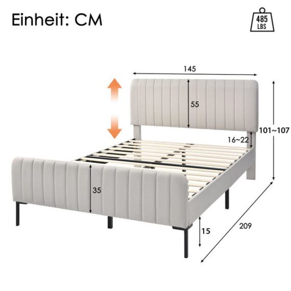 Blusmart Polsterbett Graubeiges Polsterbett, (140x200 cm Einzelbett, Bettgestell mit Lattenrost und verstellbarem Kopfteil), Jugendbett aus Leinen