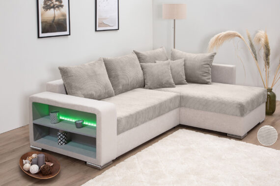 COLLECTION AB Ecksofa "L-Form", Regalarmlehne mit LED RGB Beleuchtung,Bettfunktion und Bettkasten