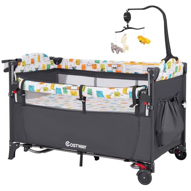 COSTWAY Baby-Reisebett 5 in1 Beistellbett, mit Matratze, höhenverstellbar