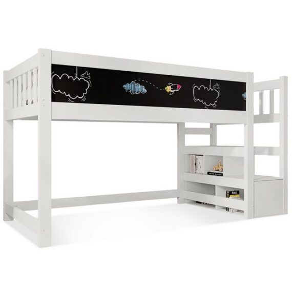 Celya Kinderbett 90 x 200 cm Hochbett mit Tafel,Speicherung und Rausfallschutz, Aufbewahrungsschublade Weiss Hochbett für Kinder