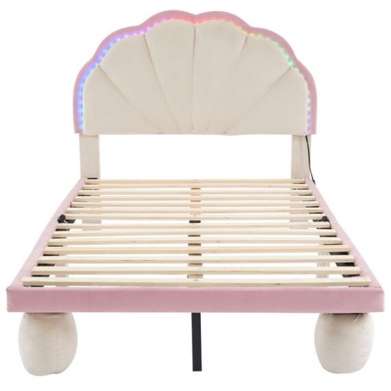 Celya Polsterbett 90 x 200 cm Kinderbett mit Holzlatten, Wechselnden LED Lichtstreifen, mit gepolsterter runden Beine Einzelbett Samt Beige+Rosa