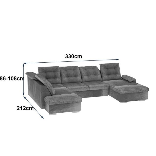 DB-Möbel Ecksofa „Bloow“ Schlafsofa in U-Form Grau, Ottomane rechts.