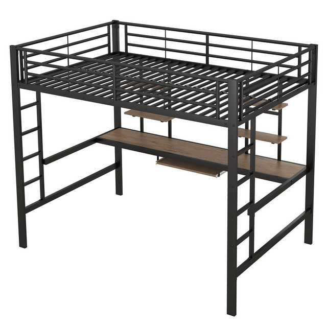 DOPWii Bett 140x200cm Bettgestell Metallbett,Eisenbett,Hochbett mit Schreibtisch, 2 Bücherregalen,Jugendbett,Kinderbett,schwarz, Jugendbett, Etagenbett