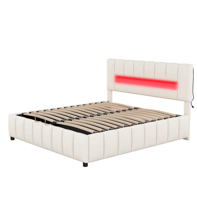 DOPWii Bett 180x200cm Doppelbett,Familienbett,Plattformbett mit LED-Beleuchtung, Polsterbett,Modernes Bettgestell mit Stauraum,Beige/Grau