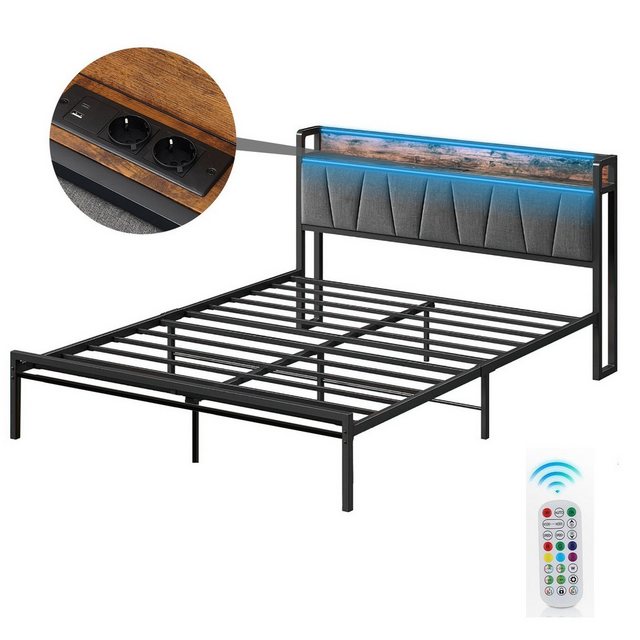 DOPWii Bett Bettgestell,90x200cm,140x200cm,Einzel-/Doppelbett,Jugendbett,Betten (Bettgestell x 1, Ohne Matratze, ohne Bettkasten, ohne Schubladen), Metallbett mit Polsterkopfteil,LED,Steckdose Anschlüssen,USB & Typ-C