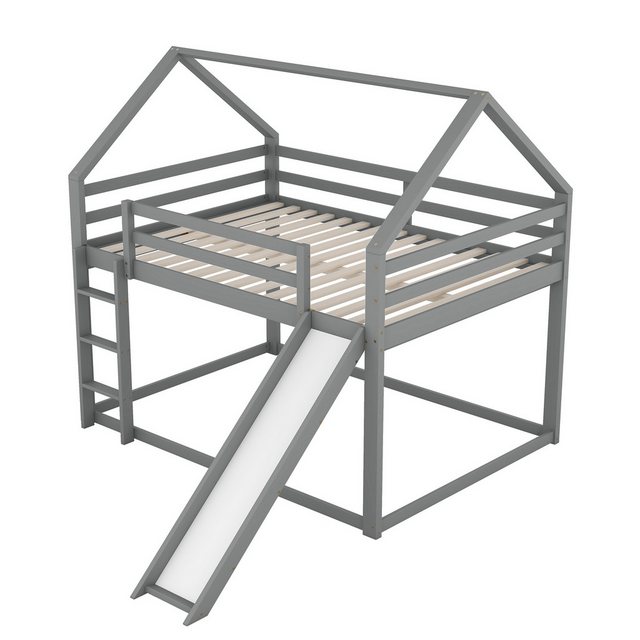 DOPWii Bettgestell 140x200cm Doppelbett,Kinderbett, Hausbett,Etagenbett,Holzbettgestell, mit Rutsche und Leiter,Kinderzimmer Hoch-Doppel-Stockbett,Grau/Weiß