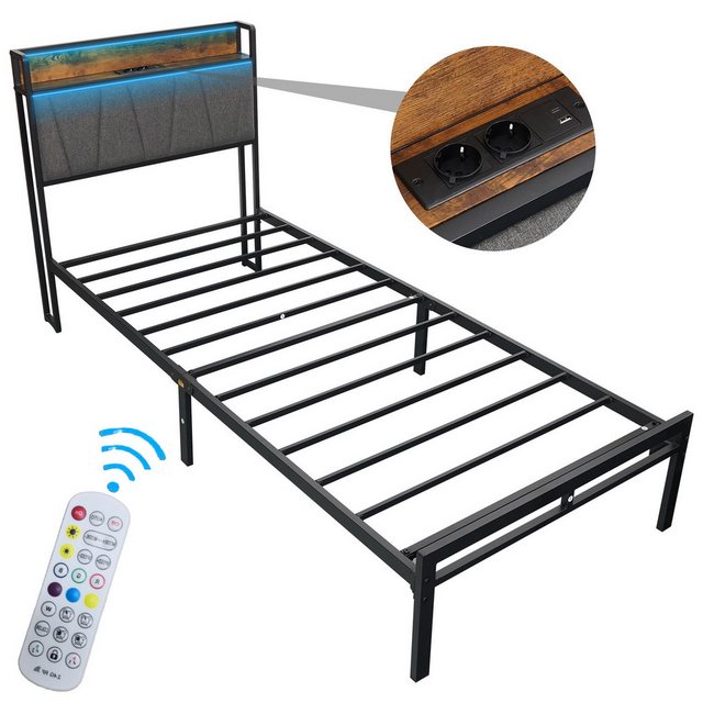 DOPWii Bettgestell Bettgestell,90×200/140x200cm,Einzel-/Doppelbett,Jugendbett,betten (Jugendbett *1), Metallbett mit Polsterkopfteil,LED,Steckdose Anschlüssen,USB & Typ-C