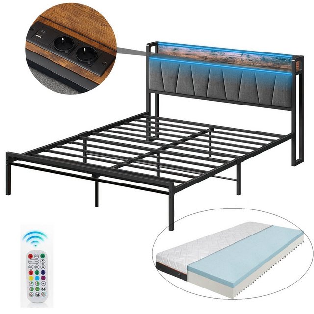 DOPWii Bettgestell Metallbett Doppelbett 140x200cm/ Einzelbett 90x200cm,Industriedesign (Bett *1, Mit 22 dicker Schaumstoffmatratze, ohne Schubladen), mit Polsterkopfteil,LED,Steckdose,USB-& Typ-Anschlüssen,Jugendbett