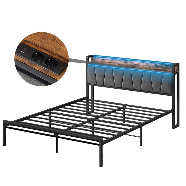 DOPWii Bettgestell Metallbett Doppelbett 140x200cm/ Einzelbett 90x200cm,Industriedesign (Bett, ohne Matratze, ohne Schubladen), mit Polsterkopfteil,LED,Steckdose,USB-& Typ-Anschlüssen,Jugendbett