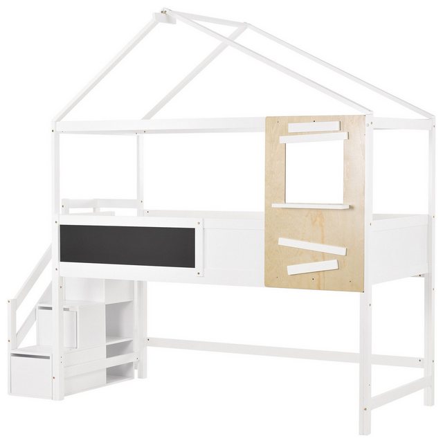 DOPWii Einzelbett 200x90cm Hausbett,Kinderbett,mit Treppe und Fenster,Lattenrost, Treppe mit 3 Schubladen,Einzelbett,Weiß