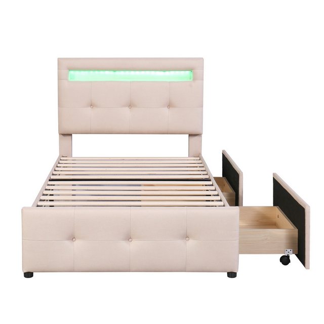 DOPWii Einzelbett Polsterbett 90*200cm mit LED-Leuchten,2 Schubladen,Gästebett, Hautfreundlicher Leinenpolsterung flach Kinderbett,Grau/Beige/Rosa