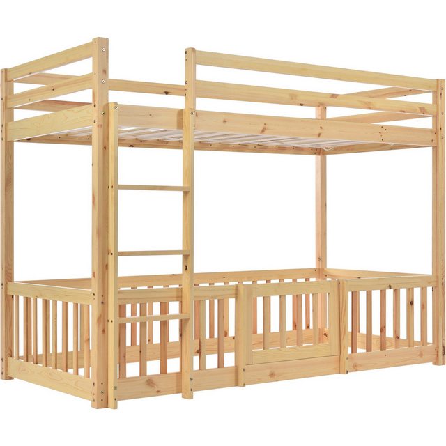 DOPWii Etagenbett 200x90cm Etagenbett mit Treppe,Zäune und Türchen,Holzbett,Einzelbett, Kinderbett mit Fallschutz und Gitter,Massivholz,Bett,Natur,Weiß