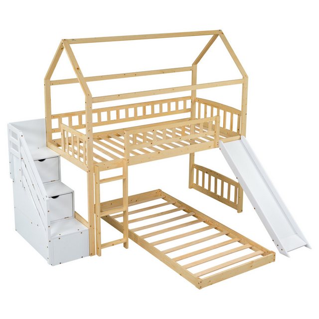 DOPWii Etagenbett 90x200cm Kinderbett mit Treppe,Handlauf,Rechtwinkliger Leiter,Rutsche, Treppe mit Stauraum,Hausbett mit Fallschutz und Gitter,Rahmen aus Holz