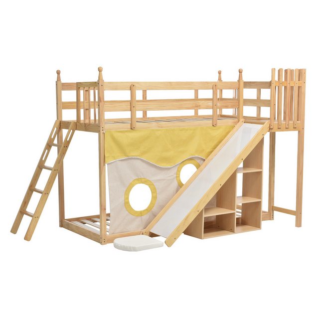 DOPWii Etagenbett 90x200cm,Etagenbett,Holzbett mit Treppe und Zäune,mit Bettvorhang, Rutsche,Regal,Kinderbett mit Fallschutz und Gitter,Rahmen aus Kiefer