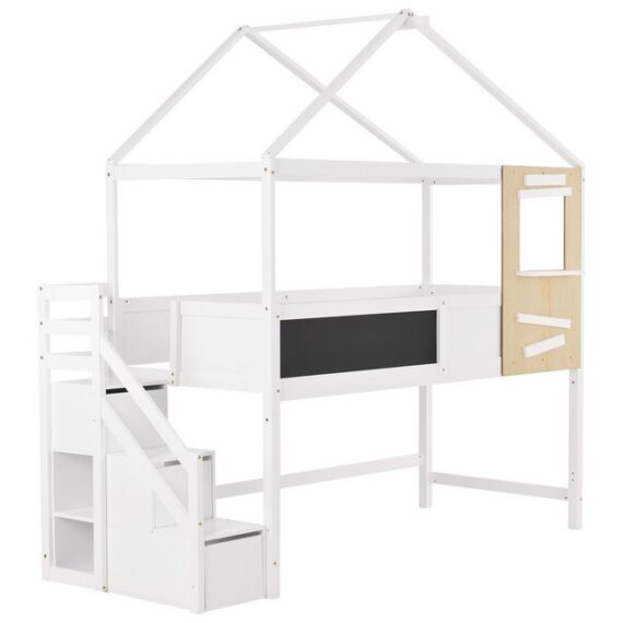 DOPWii Hausbett 200x90cm Hausbett,Kinderbett,mit Treppe und Fenster,Lattenrost, Treppe mit 3 Schubladen,Einzelbett,Weiß