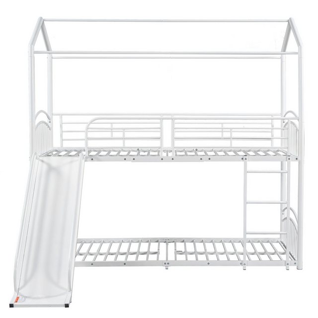 DOPWii Kinderbett 90x200cm Etagenbett mit Treppe,Rutsche,Hausbett,Jugendbett,Weiß, mit Fallschutz und Gitter,Metallrahmen,In 2 Einzelbetten zerlegbar