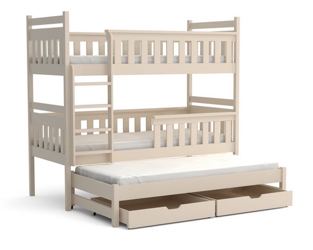 Deine Möbel 24 Etagenbett BEN für 3 Kinder 90×200 Weiß Beige ohne Matratzen / mit Matratzen (Ausziehbett, 3-St., Kinderbett mit Rausfallschutz, Lattenrost und 2 Schubladen), Hochbett Funktionsbett aus Massivholz, in 2 Kinderbetten umbaubar