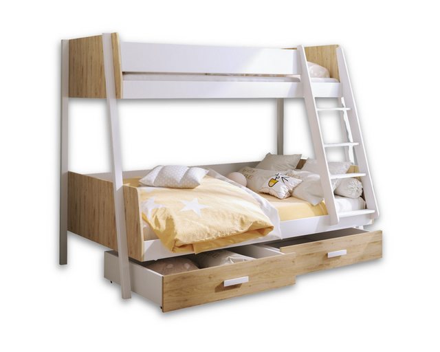 Deine Möbel 24 Etagenbett Etagenbett Kinderbett MATTHIAS für 2 Kinder mit Treppe (inkl. Lattenrost, für 2 Kinder, 90×200+120×200, optionale Matratzen), Stockbett aus Laminatplate und Kiefernholz