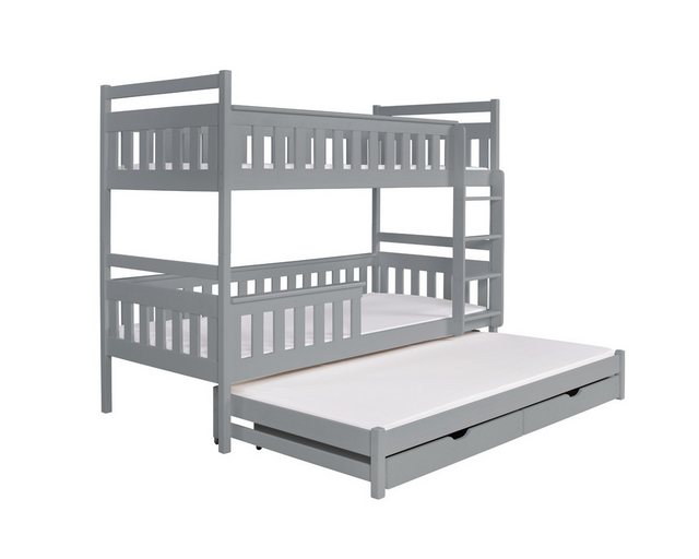 Deine Möbel 24 Etagenbett Hochbett Kinderbett Stockbett KEV für 3 Kinder 90×200 Aschgrau (Set, 3-St., Funktionsbett mit Rausfallschutz, Lattenrost und Bettkasten), aus Kiefernholz Massivholz in 2 Einzelbetten umbaubar mit Ausziehbett