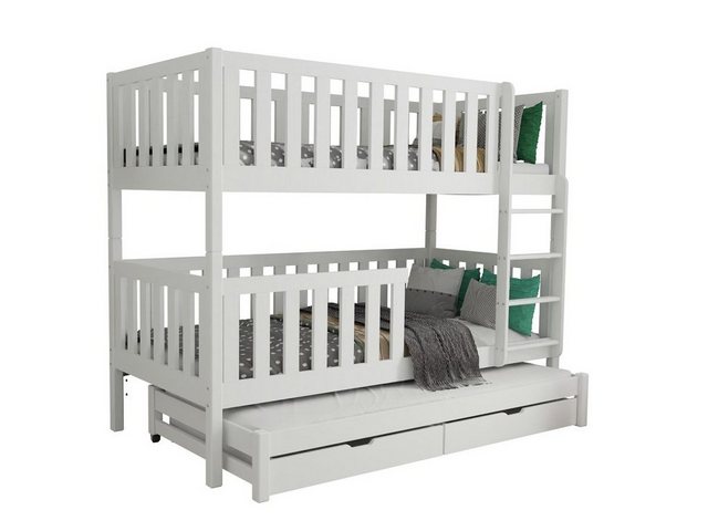 Deine Möbel 24 Etagenbett LUKAS Stockbett Hochbett Kinderbett für 3 Kinder 90×200 Weiß (mit Ausziehbett Matratzen optional, 3-St., Funktionsbett inkl. Lattenrost, Rausfallschutz und 2 Schubladen), aus Vollholz Massivholz Kiefernholz, in 2 Einzelbetten umbaubar