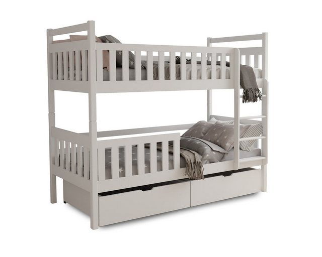 Deine Möbel 24 Etagenbett Hochbett Kinderbett MICO für 2 Kinder 80×180 90×200 Weiß Beige (Matratzen optional, 2-St., Bett, mit Lattenrost, Rausfallschutz, 2 Schubladen und Leiter), aus Massivholz Vollholz, in 2 Kinderbetten umbaubar