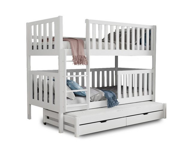 Deine Möbel 24 Etagenbett OLIVIA Hochbett für 3 Kinder 80×180 90×200 Weiß aus Massivholz (Stockbett Matratzen optional, 3-St., Kinderbett mit Rausfallschutz, 2 Bettkästen, Lattenrost und Leiter), aus Vollholz, in 2 Betten umbaubar, mit Ausziehbett