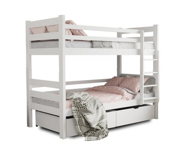 Deine Möbel 24 Etagenbett Hochbett PIA für 2 Kinder 90×200 Weiß Aschgrau aus Massivholz (Set, 2-St., Kinderbett mit Lattenrost, inkl. Rausfallschutz oben), in 2 Kinderbetten umbaubar, mit Schubladen, mit Matratzen optional