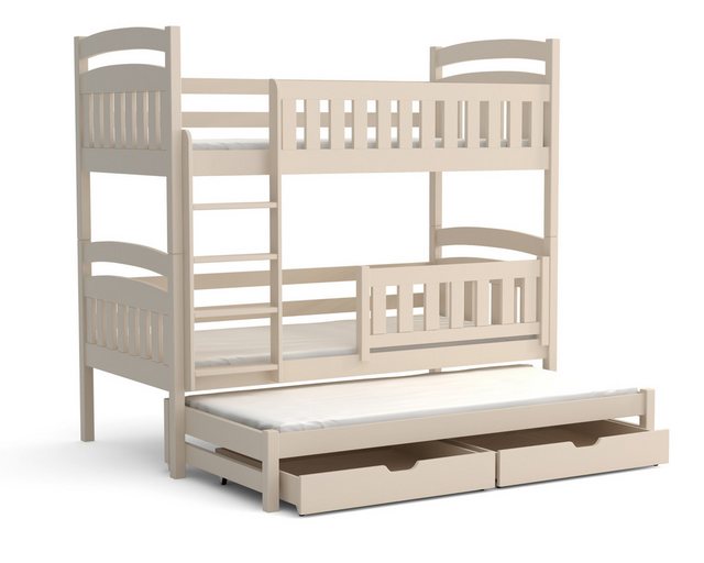 Deine Möbel 24 Etagenbett LILLY Kinder-Etagenbett 80×180 90×200 für 3 Kinder Personen Weiß Beige (Hochbett Kinderbett Funktionsbett aus Massivholz Vollholz, in 2 Kinderbetten umbaubar, Matratzen optional, 3-St., aus Kiefernholz), aus Massivholz Hochbett inkl. Schubladen Lattenrost Rausfallschutz