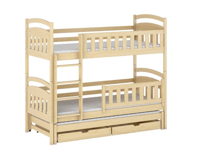 Deine Möbel 24 Etagenbett LILLY Kinder-Etagenbett 90×200 für 3 Kinder Personen Kiefer Natur (Hochbett Kinderbett Funktionsbett aus Massivholz Vollholz Hellgrau in 2 Kinderbetten umbaubar Matratzen optional, 1-St., aus Kiefernholz), aus Massivholz Hochbett inkl. Schubladen Lattenrost Rausfallschutz