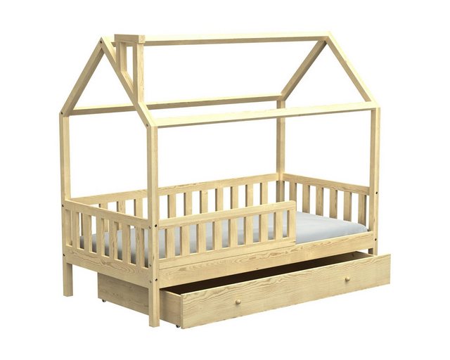 Deine Möbel 24 Hausbett Kinderbett für 2 Kinder ROSI PLUS 140×200 aus Massivholz (Jugendbett inkl. Lattenrost und Rausfallschutz (abnehmbar), aus Vollholz Kiefernholz massiv, mit Matratzen optional, Komplettbett