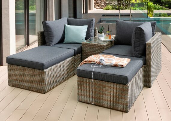 Destiny Balkonset "IBIZA", (13 tlg., 2x Eckelement, 2x Hocker,1x Tisch, inkl. Auflagen), Aluminium, Polyrattan