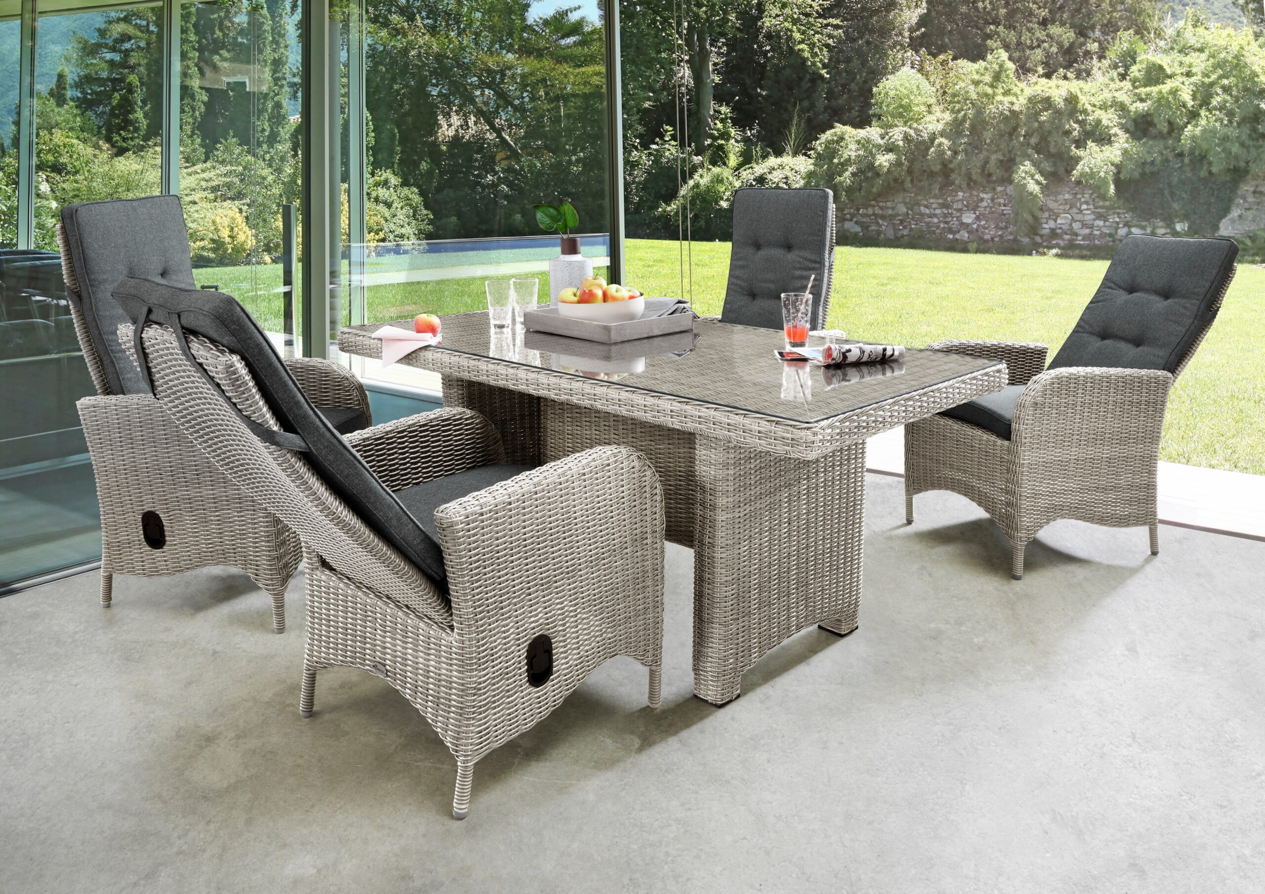 Destiny Garten-Essgruppe „PALMA LUNA“, (9 tlg., 4x Hochlehner, 1x Tisch, inkl. Auflagen), Aluminium, Polyrattan