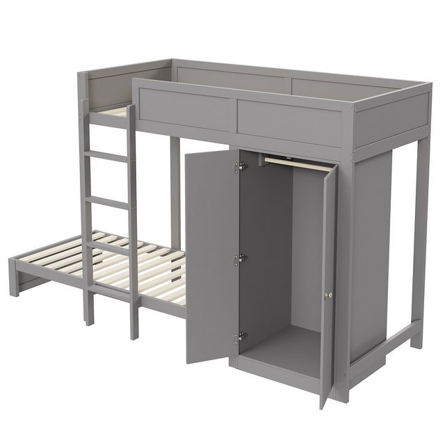 EXTSUD Etagenbett 90*200cm, mit vertikaler Sicherheitstreppe, Kleiderschrank, mit hohes Zaundesign, Lattenrost, Kinderbett, Etagenbett