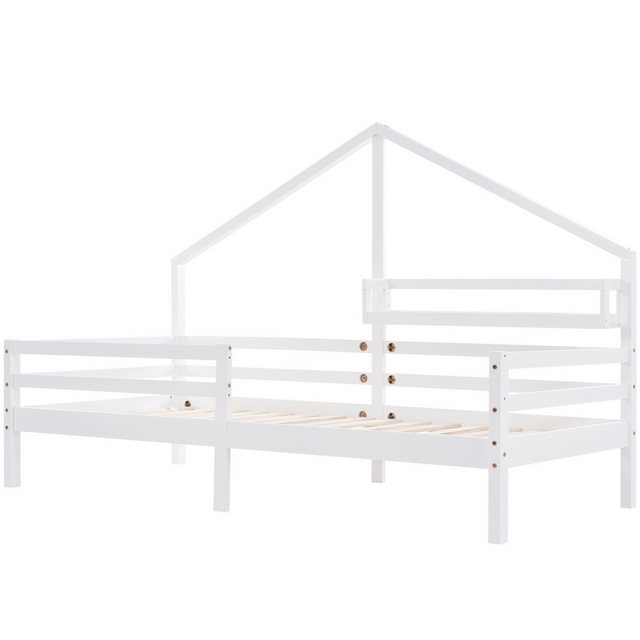 EXTSUD Kinderbett Hausbett Kinderbett mit Ablageregal Kaminform 90×200 Weiß, Hochwertiges Kiefernholz, umweltfreundlich, Kinderbett in E1-Qualität